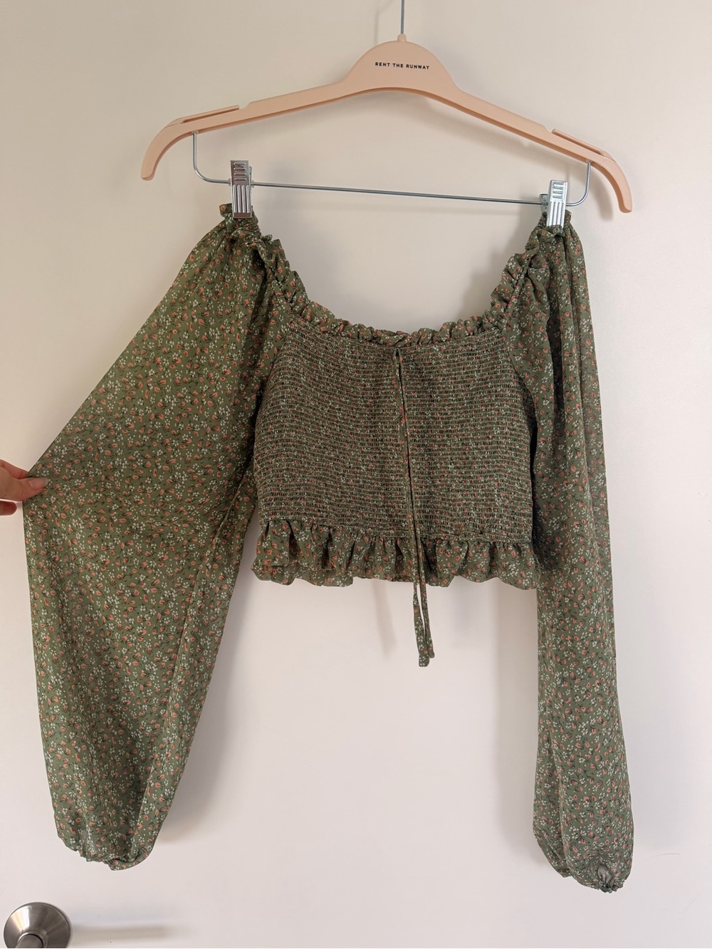 Altar'd State Olive Floral Smocked Off-Shoulder Crop Top